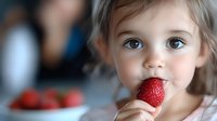 Young Caucasian girl with blue eyes eating fresh red strawberry, showing pure joy and innocent expression while enjoying healthy summer fruit snack.