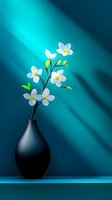 White cherry blossoms in black ceramic vase against turquoise background with dramatic lighting and shadow effects, creating serene minimalist composition.