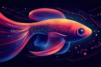 Luminous fantasy fish with flowing fins in neon pink and blue colors swimming through starry cosmic water against dark background, glowing dots create magical atmosphere.