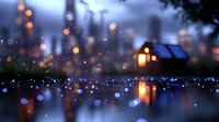 Dreamy evening landscape with glowing house reflection in water, magical bokeh lights and raindrops creating ethereal atmosphere in twilight setting.