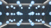 Suspended geometric light fixtures with glowing blue hexagonal shapes hang from ceiling in modern interior space, creating contemporary ambiance for architectural visualization and design projects.
