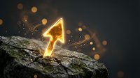 Glowing golden arrow emerging from tree bark with sparkling light effects and bokeh background for growth and success concepts.