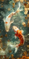 Graceful koi fish swimming in turquoise water with golden coins floating around, creating magical atmosphere with light bubbles and rippling reflections.