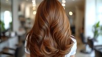 Luxurious wavy auburn hair from behind in a salon setting, showcasing professional styling with soft highlights and natural movement.