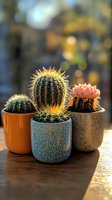 Small blooming cacti in decorative ceramic pots arranged on wooden surface with soft bokeh background, highlighting natural sunlight and desert plant aesthetics.