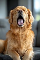 Sleepy Golden Retriever yawning while relaxing on gray couch, showing pink tongue and closed eyes. Natural window lighting creates soft portrait of purebred dog.