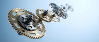 Precision mechanical gears and clockwork components floating in space showcasing intricate engineering and industrial machinery parts for technical designs.