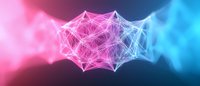Abstract network structure with glowing pink and blue light effects on dark background, representing digital connectivity and data transmission.