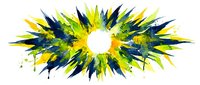Vibrant yellow, green and navy blue paint splatter burst radiating from white center, isolated on transparent background for design projects.