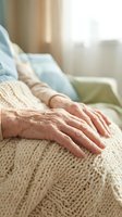 Elderly woman's wrinkled hands resting on knitted blanket in warm sunlit room conveying comfort, aging, healthcare and senior living concepts.