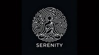Elegant line art meditation logo featuring seated figure in lotus pose with flowing ornamental swirls on dark background for wellness branding.