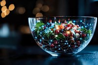 Glass bowl with fresh salad ingredients illuminated by glowing network of light connections, creating futuristic food concept against dark background with bokeh lights.
