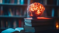 Glowing brain with electrical energy on stacked books in library setting, representing knowledge, learning, and intellectual power for education and innovation concepts.