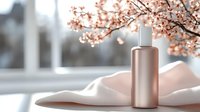 Rose gold cosmetic bottle with pump dispenser on soft pink fabric near blooming cherry blossom branches. Luxury skincare product mockup for spring beauty campaigns.