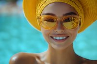 Young woman wearing yellow sunhat and sunglasses smiling brightly against turquoise pool water background, radiating summer joy and vacation vibes.