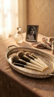 Vintage makeup brushes arranged on ornate golden tray with perfume bottle and photo frame in warm sunlit vanity setting for beauty and cosmetics.