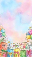Watercolor pastel background with shopping bags, gift boxes, balloons, and stars isolated on white, perfect for greeting cards, invitations, retail promotions, and festive design projects.