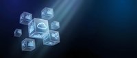 Floating transparent cubes with AI and technology icons on dark blue background for digital transformation and artificial intelligence concepts.