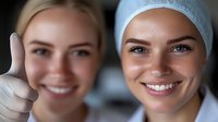 Young female healthcare workers showing positive attitude with thumbs up gesture and bright smiles wearing protective caps and medical gloves.