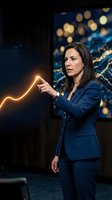 Professional businesswoman in navy suit pointing at glowing growth chart with city lights background for corporate presentations and financial success concepts.