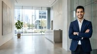 Young male professional with dark hair and Mediterranean ethnicity wearing navy blazer and white shirt, arms crossed, smiling confidently in modern office lobby with floor-to-ceiling windows and city skyline view. Corporate portrait.
