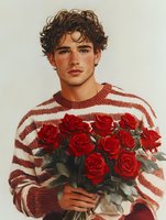 Young Caucasian male model with curly dark hair wearing striped rust sweater holds bouquet of vibrant red roses and eucalyptus against neutral background. Romantic Valentine concept.