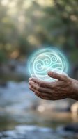 Hands holding glowing turquoise energy orb with swirl patterns against blurred natural background for wellness and spiritual healing concepts.