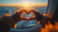 Hands forming heart shape against airplane window at sunset, capturing romantic travel moment with golden sunlight and clouds below, perfect for travel and love concepts.