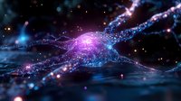 Glowing neural network visualization with purple and blue light trails against dark background, depicting artificial intelligence and brain connectivity patterns.