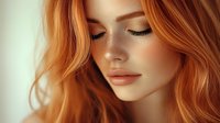 Young woman with natural ginger hair and freckles in soft daylight, eyes closed showing natural makeup and glowing skin. Gentle beauty portrait with warm tones.