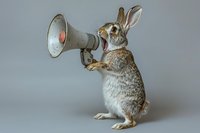 Standing rabbit holding vintage megaphone against gray background, surreal animal concept for communication and announcement campaigns.