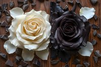Contrasting white and black roses on dark wooden background, dramatic floral composition showing duality and balance in nature, petals scattered around.