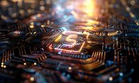 Glowing microchip circuit board with blue and orange light effects, close-up view showing intricate electronic pathways and digital technology patterns.
