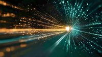 Abstract light burst with golden and teal rays radiating from center creating dynamic energy explosion effect for digital backgrounds and presentations.