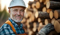 Mature Caucasian lumberjack in protective helmet and orange vest smiling near stack of wooden logs, forestry worker with gray beard in natural setting.