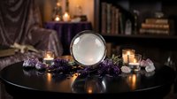 Mystical crystal ball surrounded by amethyst crystals and glowing candles on dark table creating magical fortune telling atmosphere for spiritual practices.