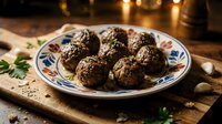 Homemade meatballs on decorative plate with herbs and spices on wooden cutting board in warm kitchen lighting for cooking and recipe content.