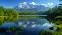 Serene mountain lake surrounded by lush forest with snow-capped peaks reflected in calm waters and vibrant green grass along shoreline creates peaceful landscape.