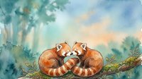 Two red pandas sit together on a branch in a lush forest setting, rendered in soft watercolor tones with gentle washes of blue, green, and warm earth colors.