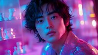 Young Asian male model with wavy black hair in neon lit environment, illuminated by vibrant pink and blue lights creating dramatic cyberpunk atmosphere for fashion and lifestyle content.
