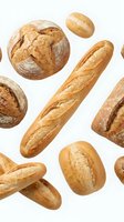 Assorted fresh baked bread loaves and rolls isolated on white background, including round boules and baguettes, ready for bakery, food, and culinary design projects.