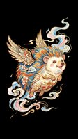 Ornate flying hedgehog with decorative wings and swirling clouds, isolated on transparent background, ready for stickers, t-shirt design, and print on demand.