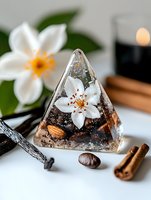 Pyramid resin art with white flower, almonds and spices on white background. Handmade crystal decoration with natural ingredients for home decor and aromatherapy.