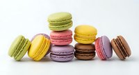 Colorful French macarons in various flavors arranged on white background. Sweet pastry dessert collection for bakery menu and confectionery design projects.