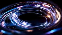Glowing spiral light trails create dynamic circular motion effect in dark space with vibrant blue and purple neon colors, abstract background for technology concepts.