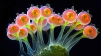 Glowing orange microorganisms with translucent stems against dark background, microscopic view of single-celled organisms showing bioluminescent properties.