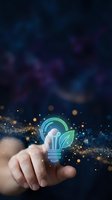 Hand touching a glowing green light bulb icon with a leaf, symbolizing eco innovation and sustainable energy ideas on a dark background.