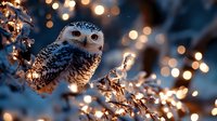 Snowy owl perched on frost-covered branch with warm golden lights and bokeh background, winter wildlife scene for seasonal and nature designs.