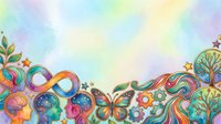 Colorful psychedelic border with swirling patterns, butterflies, and ornamental elements on gradient pastel background. Suitable for greeting cards, posters, and creative design projects.