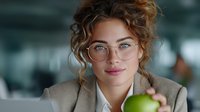 Young professional woman with curly hair and glasses holding green apple in modern office environment for healthy workplace lifestyle concept.